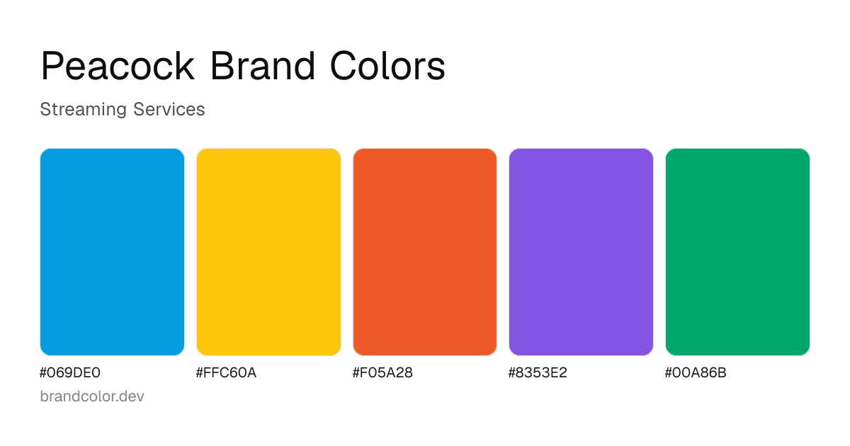 Peacock brand color palette with hex codes: #069DE0, #FFC60A, #F05A28, #8353E2, #00A86B