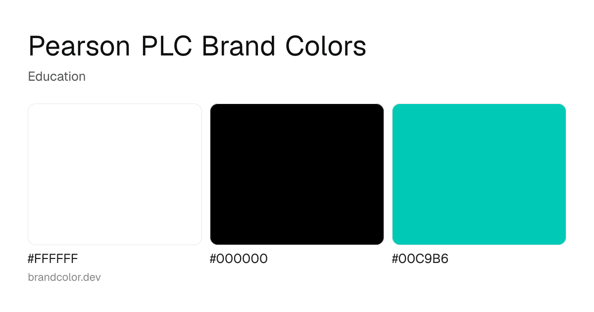 Pearson PLC brand color palette with hex codes: #FFFFFF, #000000, #00C9B6
