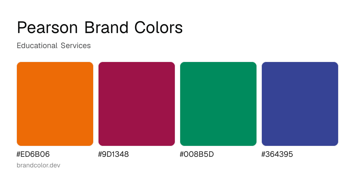 Pearson brand color palette with hex codes: #ED6B06, #9D1348, #008B5D, #364395