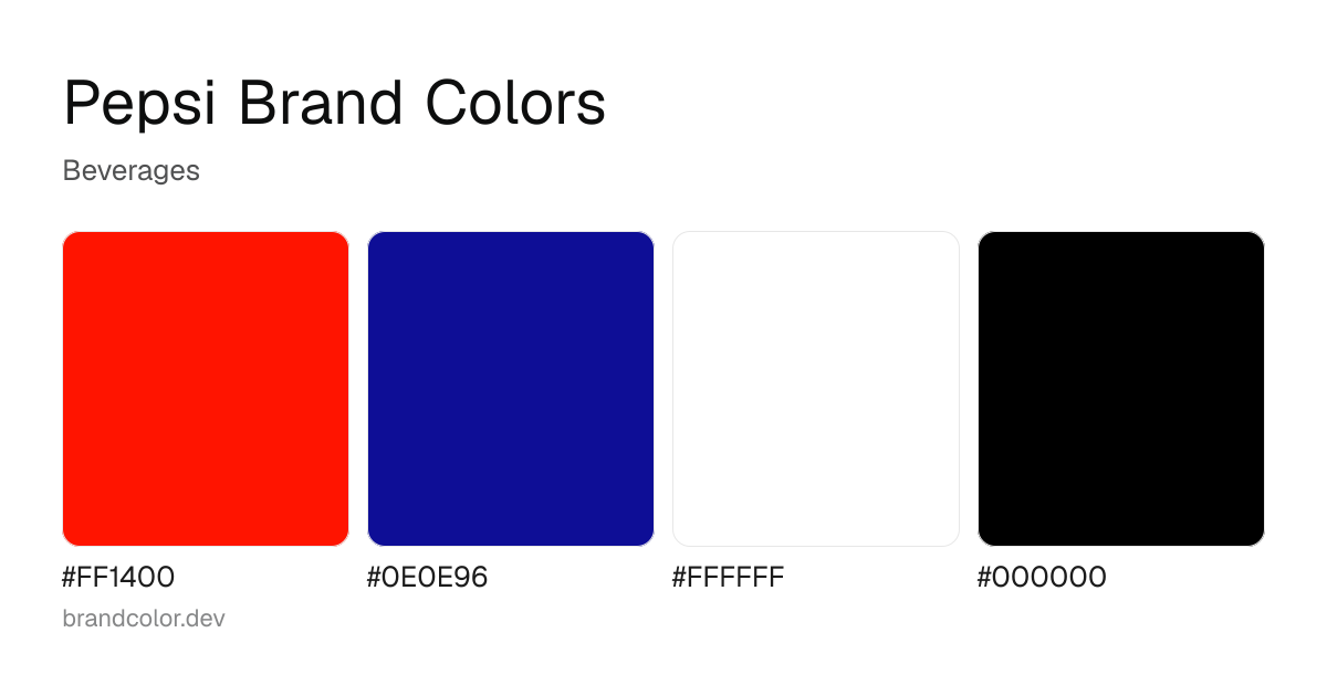 Pepsi brand color palette with hex codes: #FF1400, #0E0E96, #FFFFFF, #000000