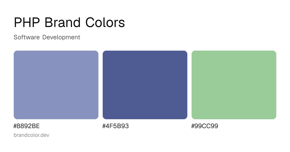 PHP brand color palette with hex codes: #8892BE, #4F5B93, #99CC99
