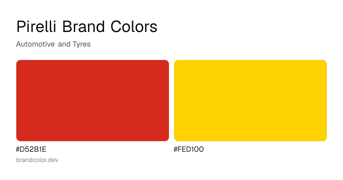 Pirelli brand color palette with hex codes: #D52B1E, #FED100