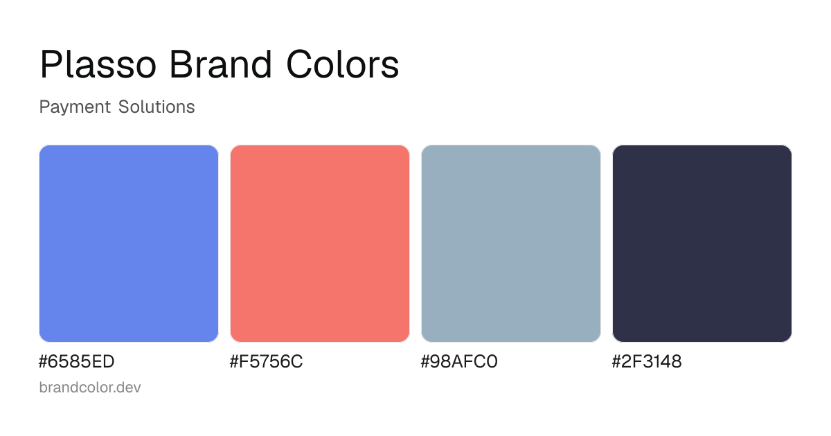 Plasso brand color palette with hex codes: #6585ED, #F5756C, #98AFC0, #2F3148