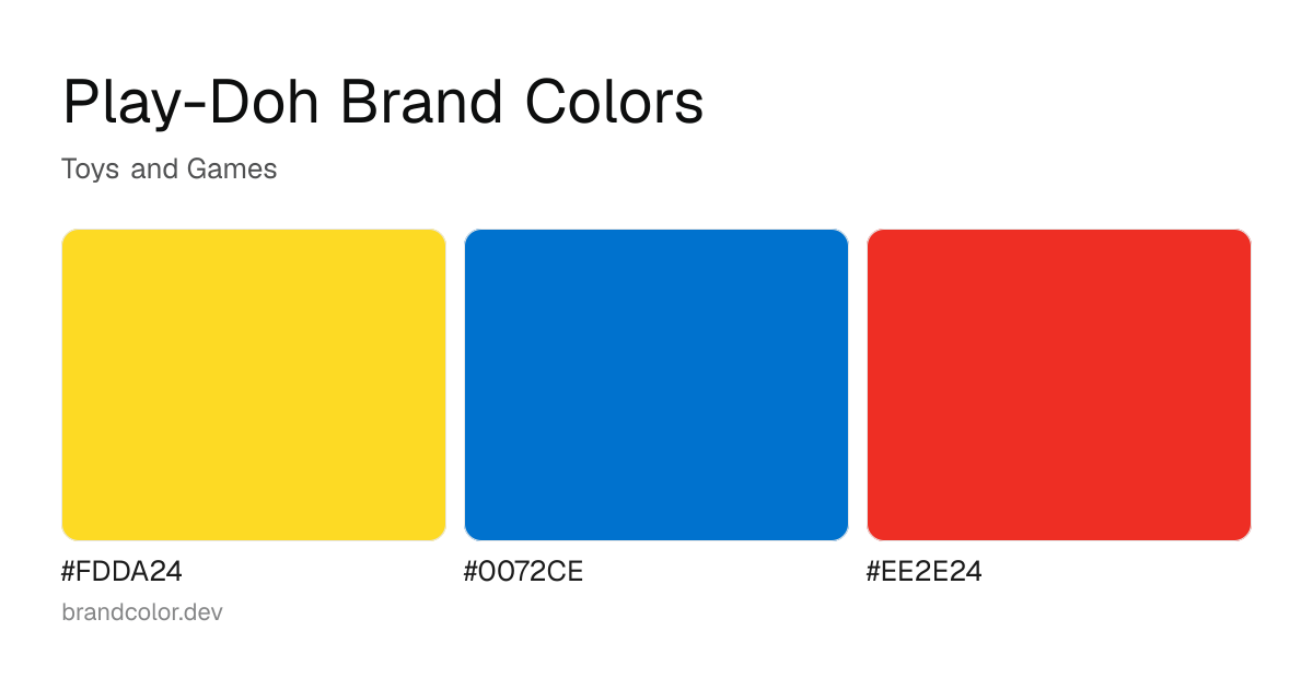 Play-Doh brand color palette with hex codes: #FDDA24, #0072CE, #EE2E24