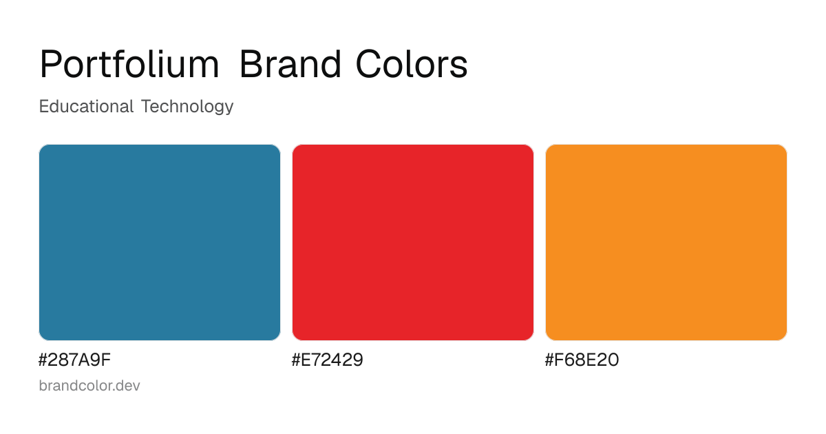 Portfolium brand color palette with hex codes: #287A9F, #E72429, #F68E20