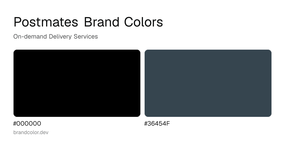Postmates brand color palette with hex codes: #000000, #36454F