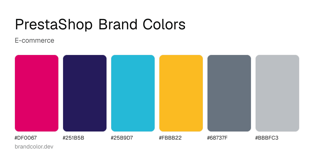 PrestaShop brand color palette with hex codes: #DF0067, #251B5B, #25B9D7, #FBBB22, #68737F, #BBBFC3