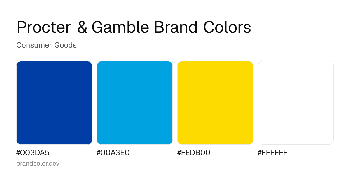Procter & Gamble brand color palette with hex codes: #003DA5, #00A3E0, #FEDB00, #FFFFFF
