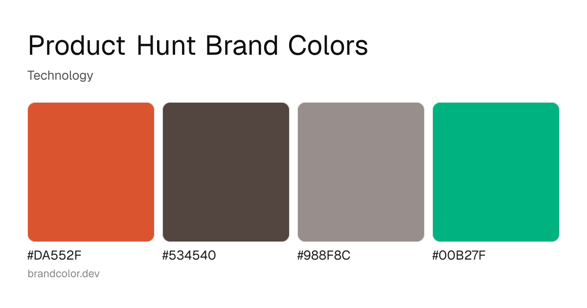 Product Hunt brand color palette with hex codes: #DA552F, #534540, #988F8C, #00B27F