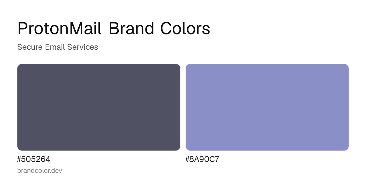 ProtonMail brand color palette with hex codes: #505264, #8A90C7