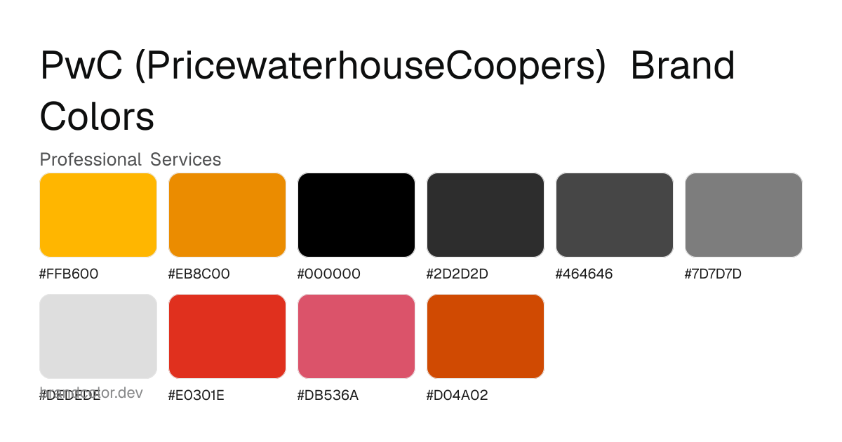PwC (PricewaterhouseCoopers) brand color palette with hex codes: #FFB600, #EB8C00, #000000, #2D2D2D, #464646, #7D7D7D, #DEDEDE, #E0301E, #DB536A, #D04A02