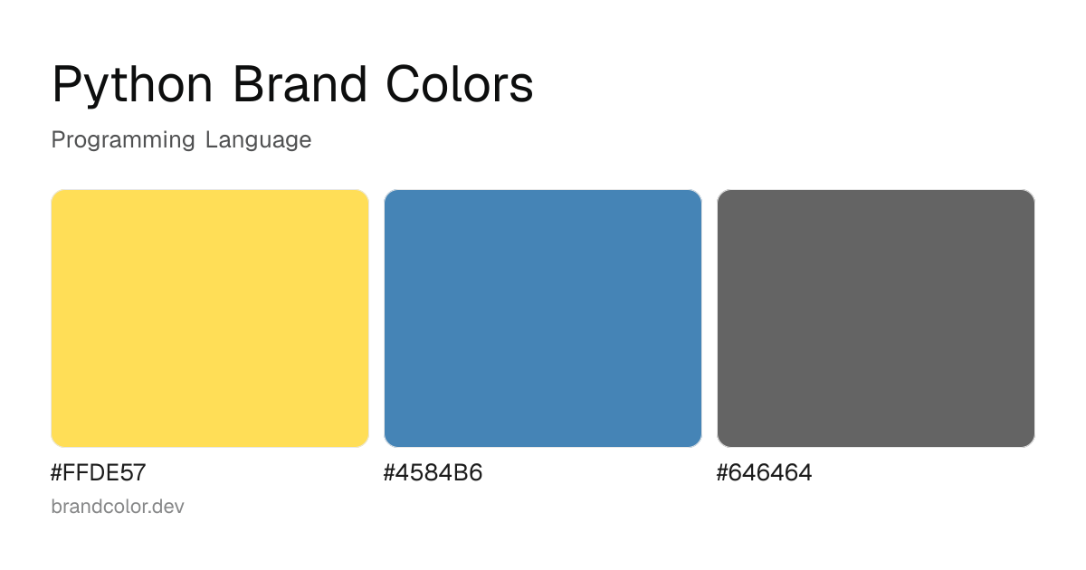 Python brand color palette with hex codes: #FFDE57, #4584B6, #646464