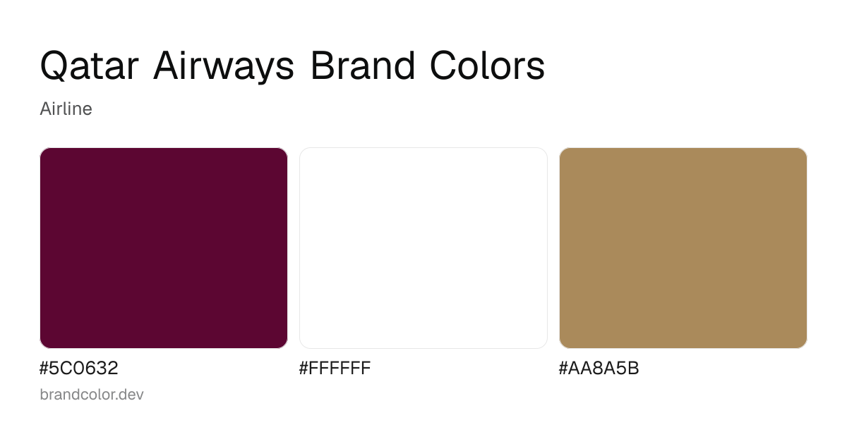 Qatar Airways brand color palette with hex codes: #5C0632, #FFFFFF, #AA8A5B