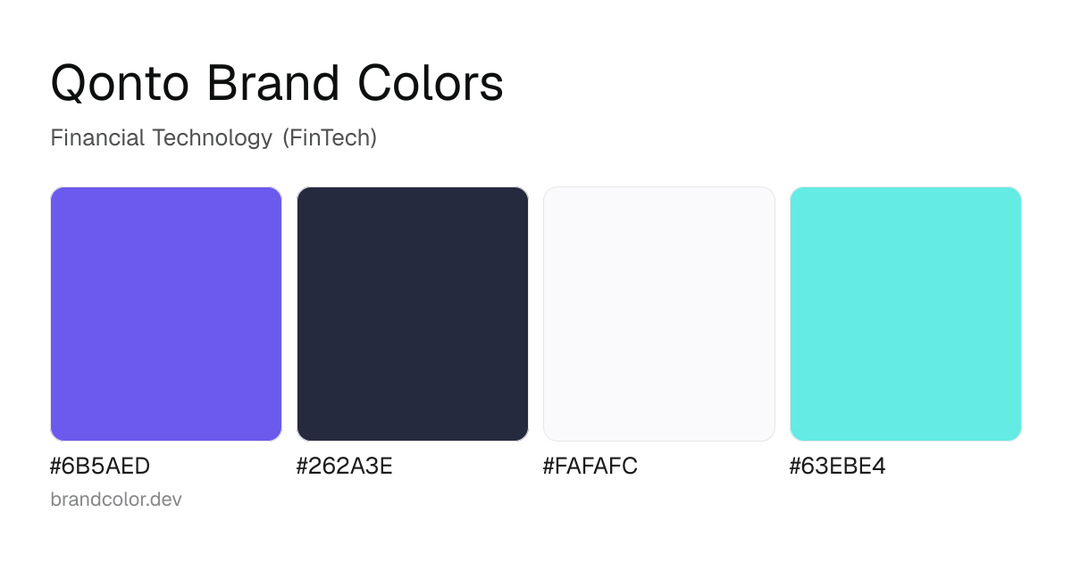 Qonto brand color palette with hex codes: #6B5AED, #262A3E, #FAFAFC, #63EBE4
