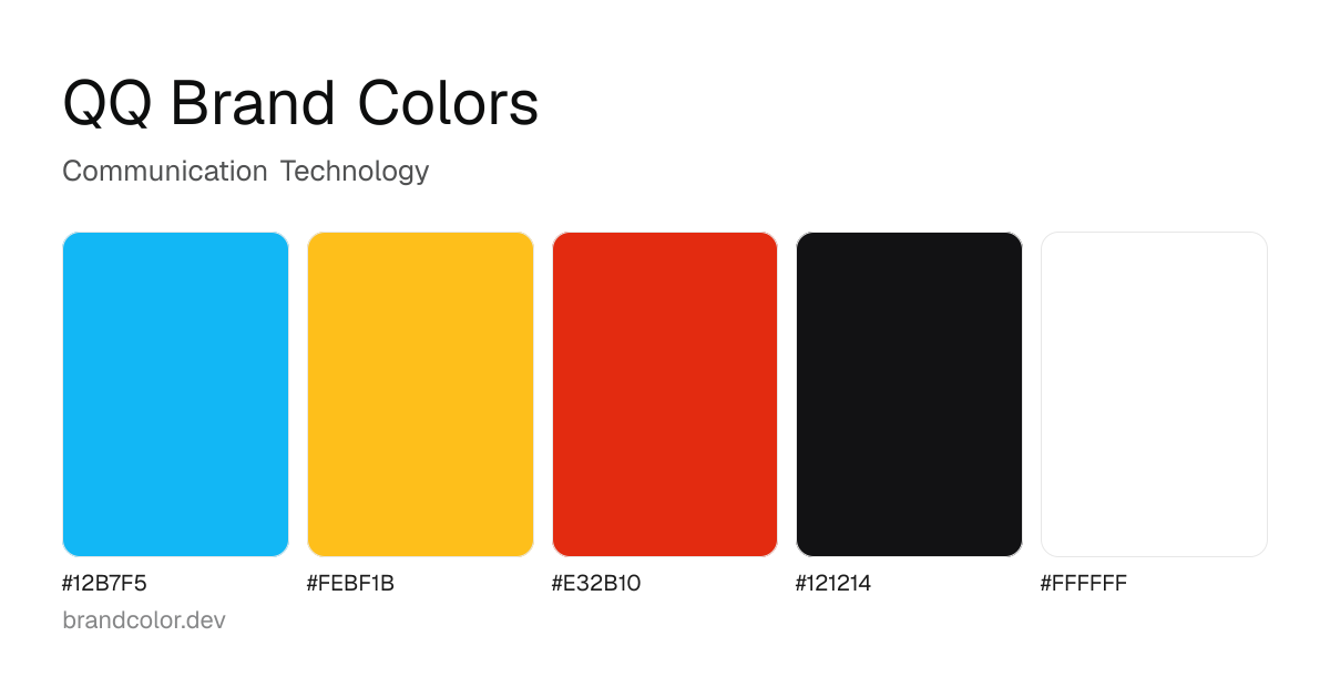 QQ brand color palette with hex codes: #12B7F5, #FEBF1B, #E32B10, #121214, #FFFFFF