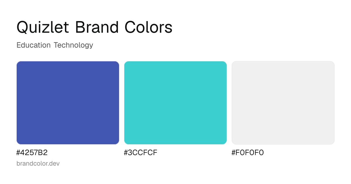 Quizlet brand color palette with hex codes: #4257B2, #3CCFCF, #F0F0F0