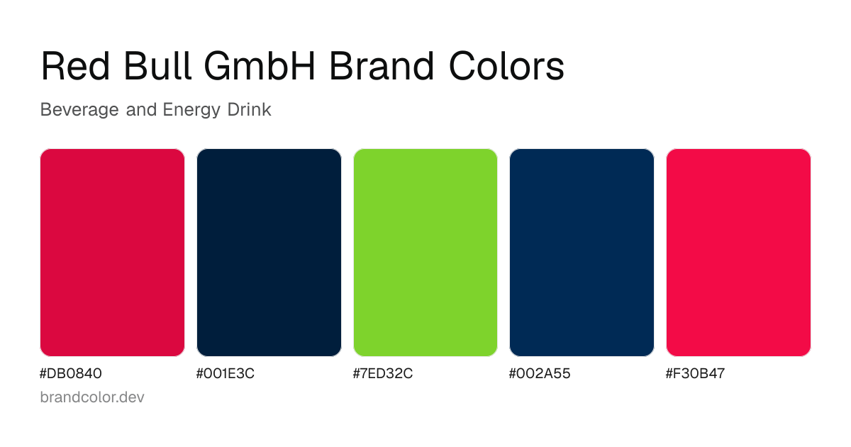 Red Bull GmbH brand color palette with hex codes: #DB0840, #001E3C, #7ED32C, #002A55, #F30B47