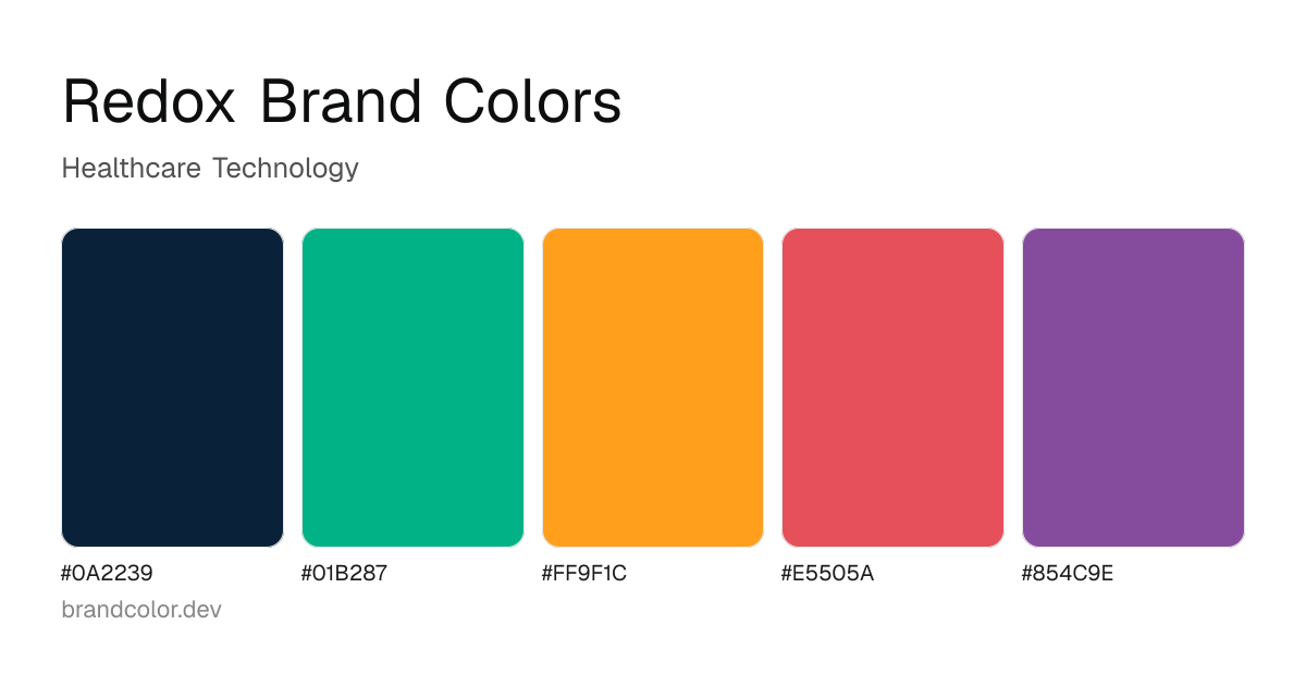 Redox brand color palette with hex codes: #0A2239, #01B287, #FF9F1C, #E5505A, #854C9E