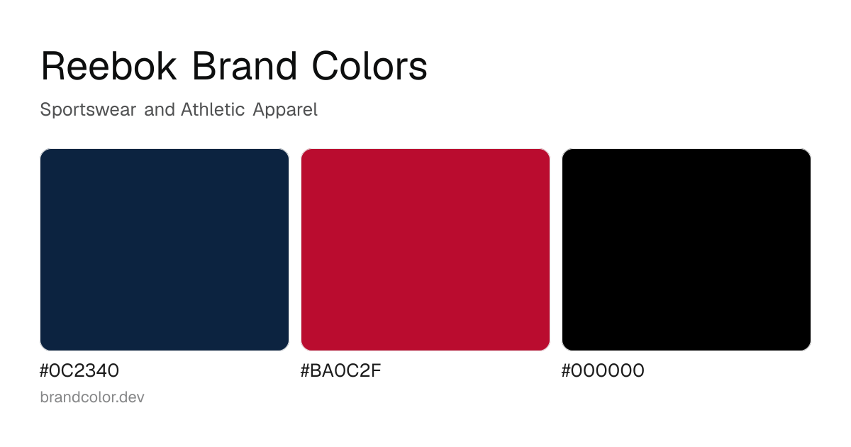 Reebok brand color palette with hex codes: #0C2340, #BA0C2F, #000000