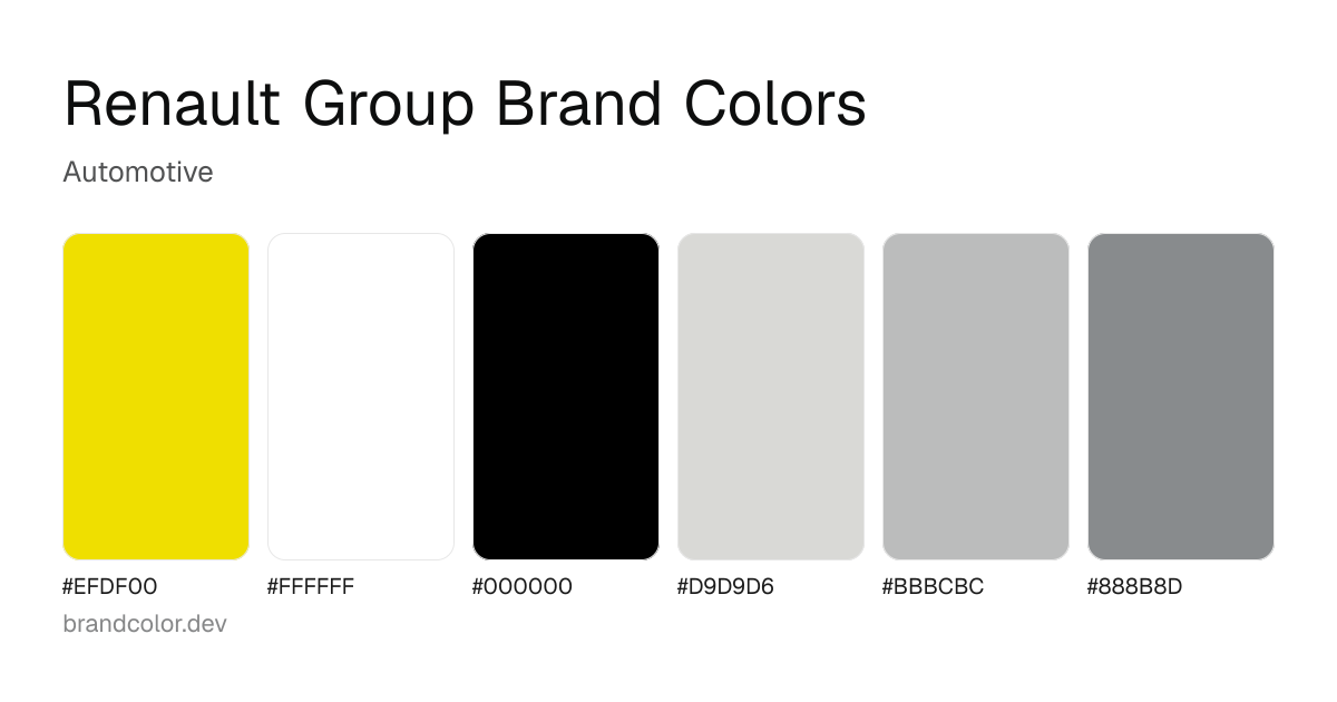 Renault Group brand color palette with hex codes: #EFDF00, #FFFFFF, #000000, #D9D9D6, #BBBCBC, #888B8D