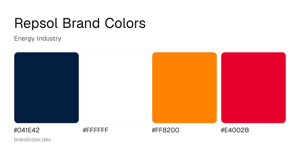 Repsol brand color palette with hex codes: #041E42, #FFFFFF, #FF8200, #E4002B
