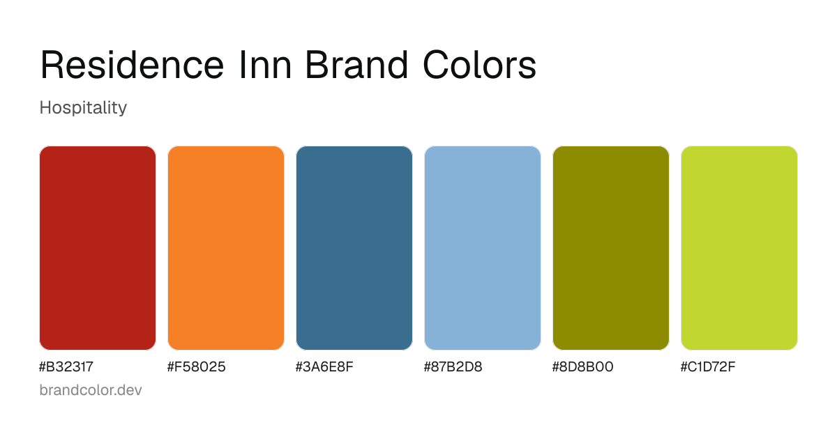 Residence Inn brand color palette with hex codes: #B32317, #F58025, #3A6E8F, #87B2D8, #8D8B00, #C1D72F