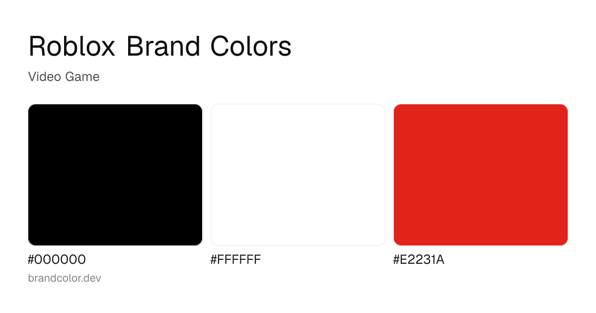 Roblox brand color palette with hex codes: #000000, #FFFFFF, #E2231A