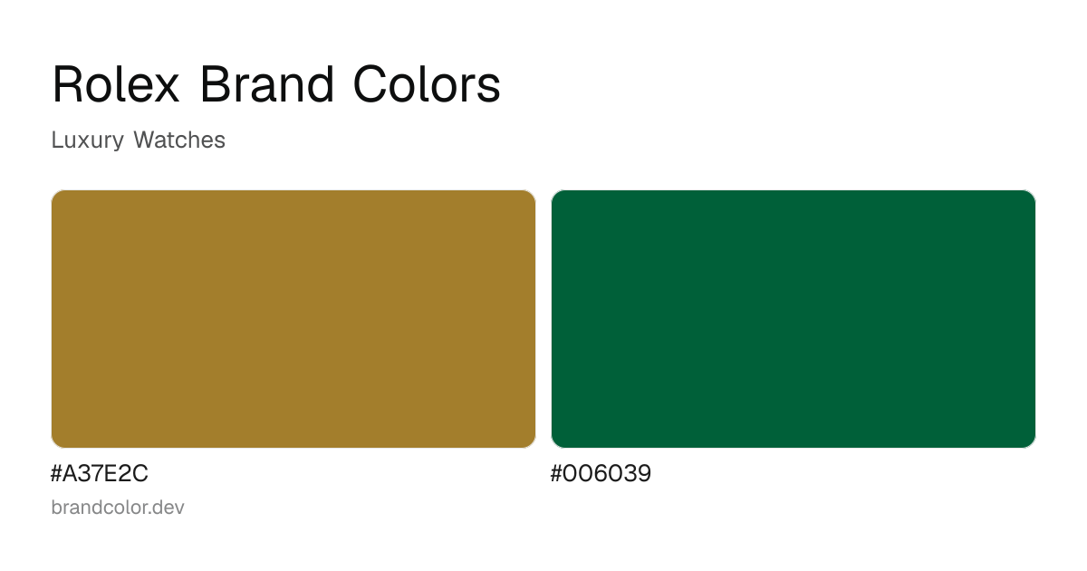 Rolex brand color palette with hex codes: #A37E2C, #006039