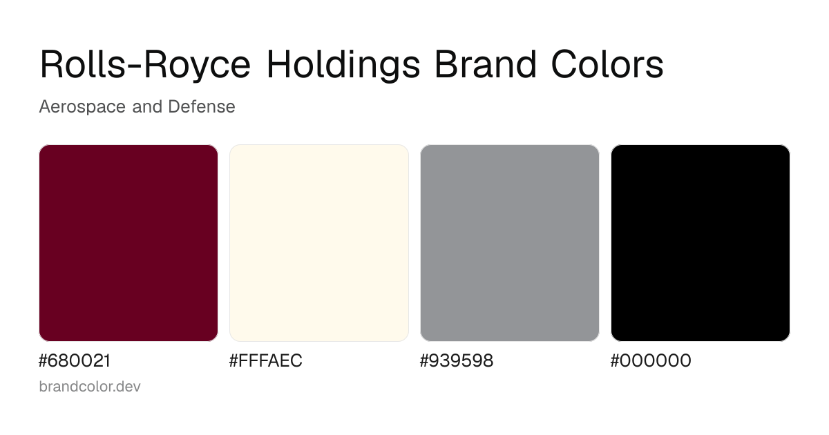 Rolls-Royce Holdings brand color palette with hex codes: #680021, #FFFAEC, #939598, #000000