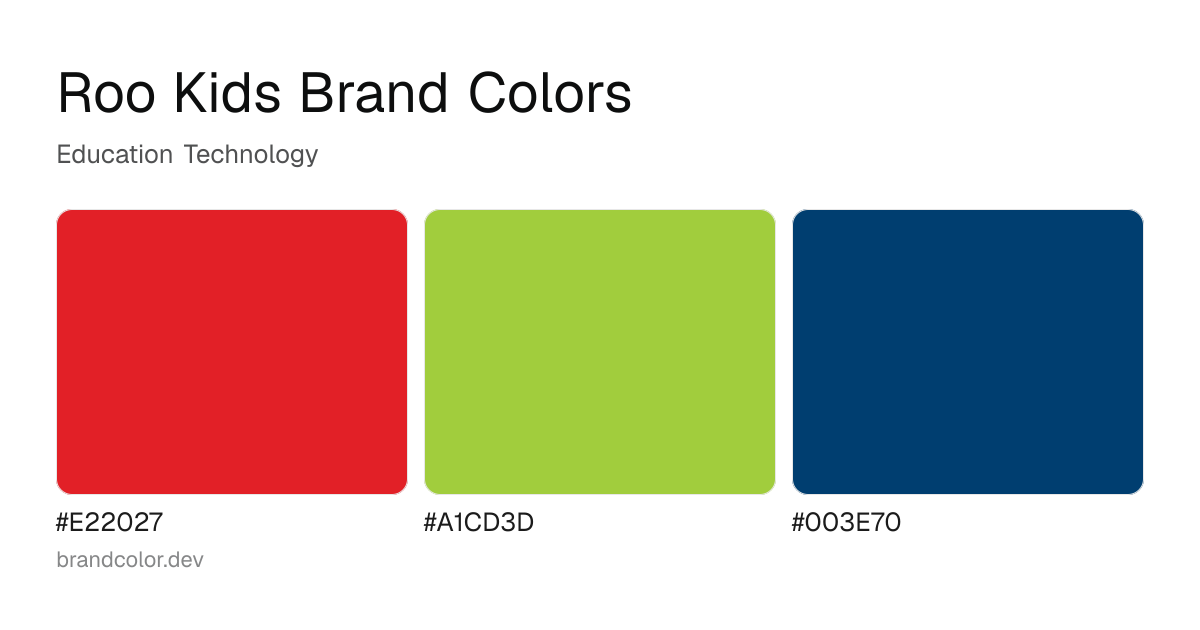 Roo Kids brand color palette with hex codes: #E22027, #A1CD3D, #003E70