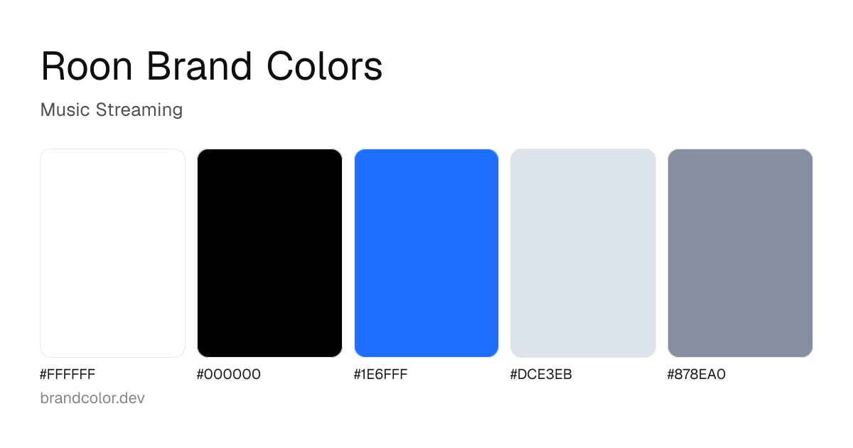 Roon brand color palette with hex codes: #FFFFFF, #000000, #1E6FFF, #DCE3EB, #878EA0