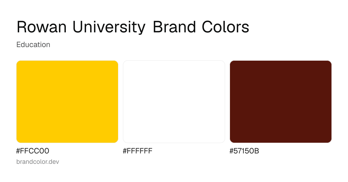 Rowan University brand color palette with hex codes: #FFCC00, #FFFFFF, #57150B