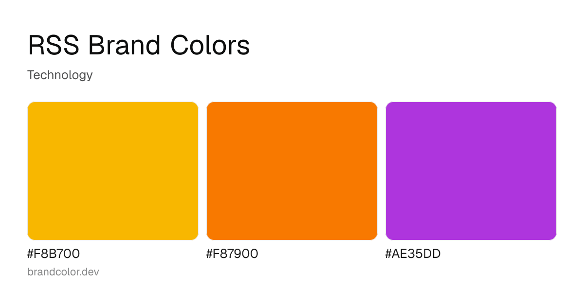 RSS brand color palette with hex codes: #F8B700, #F87900, #AE35DD
