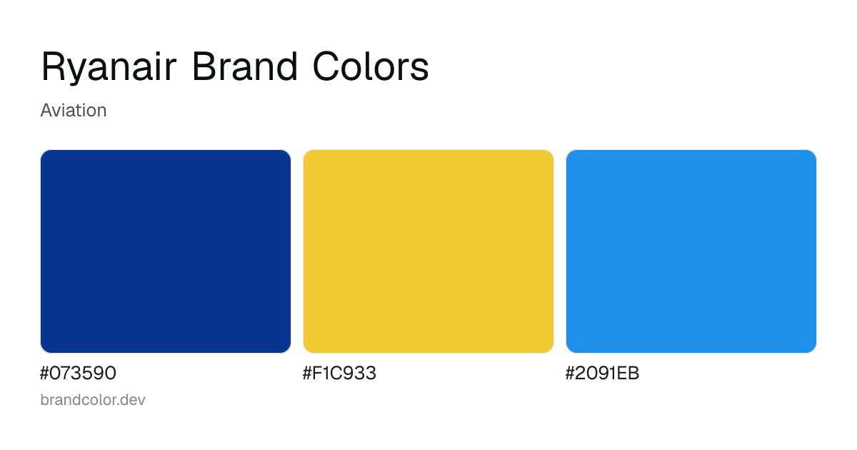 Ryanair brand color palette with hex codes: #073590, #F1C933, #2091EB