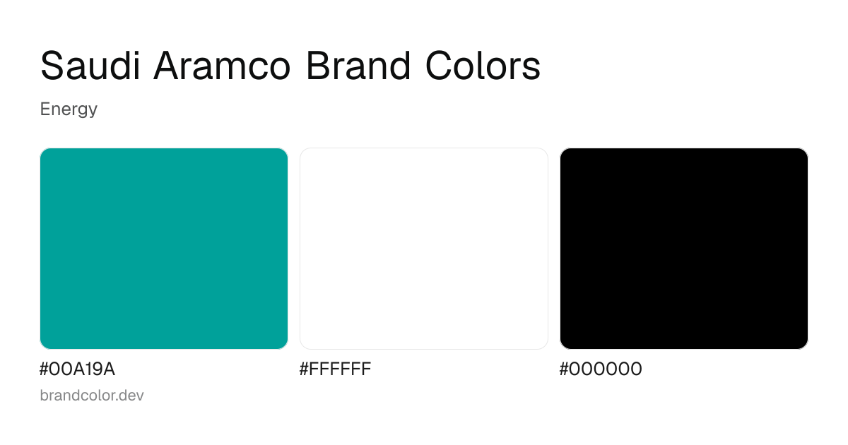 Saudi Aramco brand color palette with hex codes: #00A19A, #FFFFFF, #000000