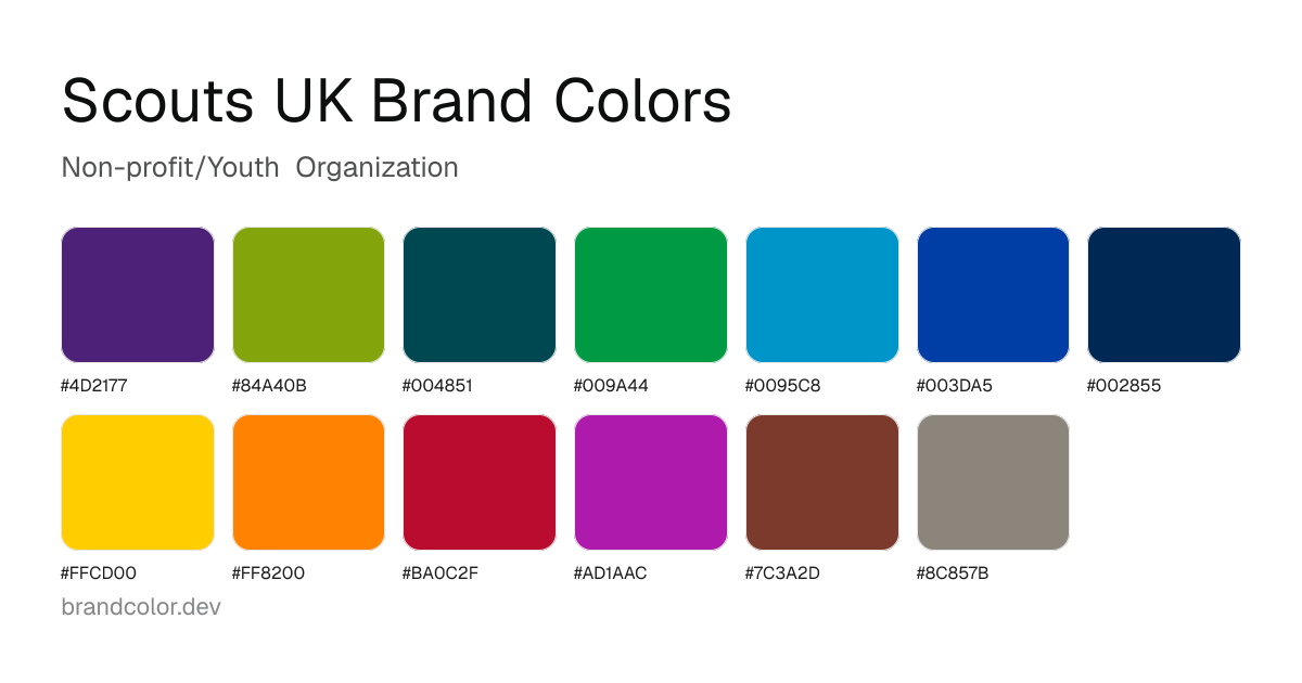 Scouts UK brand color palette with hex codes: #4D2177, #84A40B, #004851, #009A44, #0095C8, #003DA5, #002855, #FFCD00, #FF8200, #BA0C2F, #AD1AAC, #7C3A2D, #8C857B