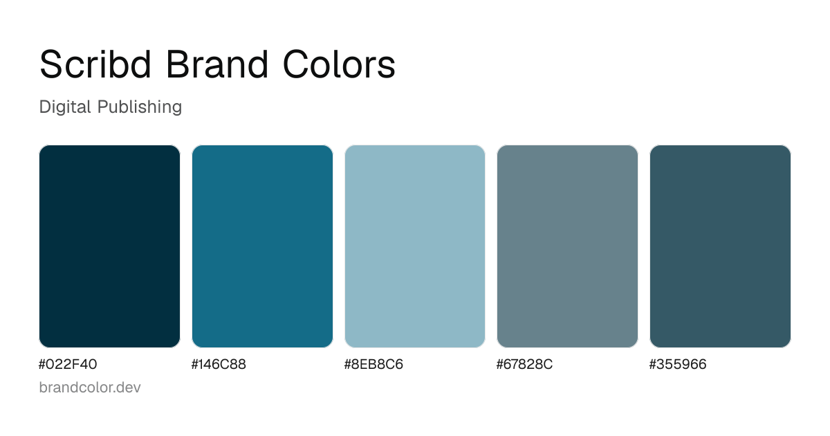 Scribd brand color palette with hex codes: #022F40, #146C88, #8EB8C6, #67828C, #355966