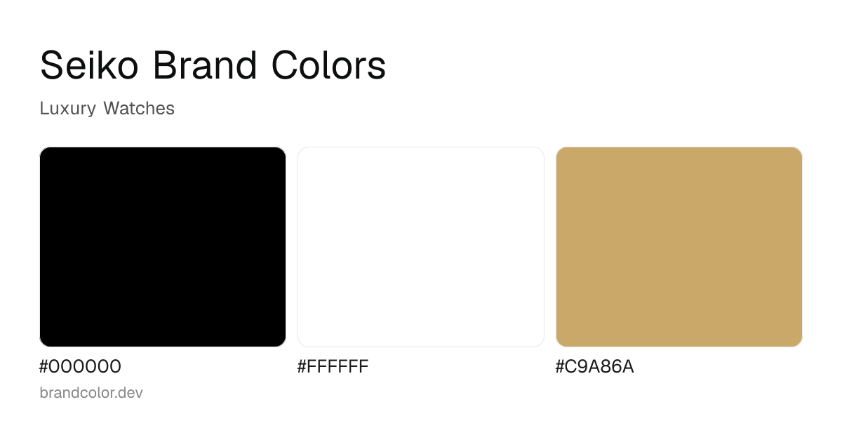 Seiko brand color palette with hex codes: #000000, #FFFFFF, #C9A86A