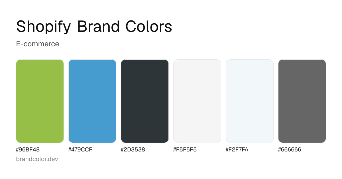 Shopify brand color palette with hex codes: #96BF48, #479CCF, #2D3538, #F5F5F5, #F2F7FA, #666666