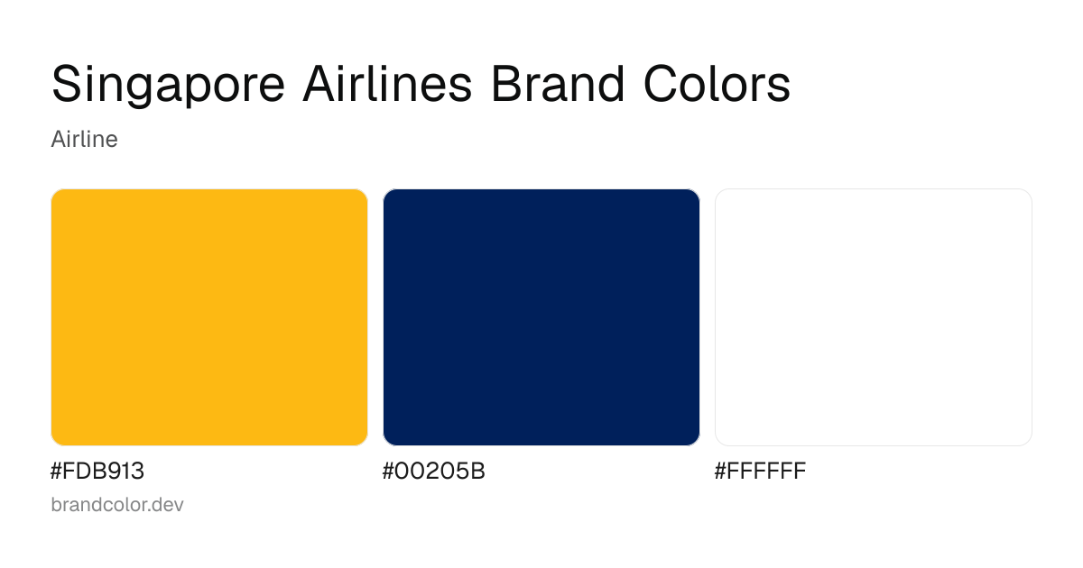 Singapore Airlines brand color palette with hex codes: #FDB913, #00205B, #FFFFFF