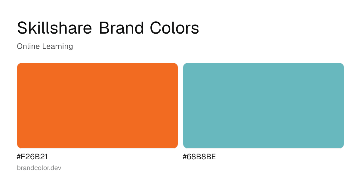 Skillshare brand color palette with hex codes: #F26B21, #68B8BE