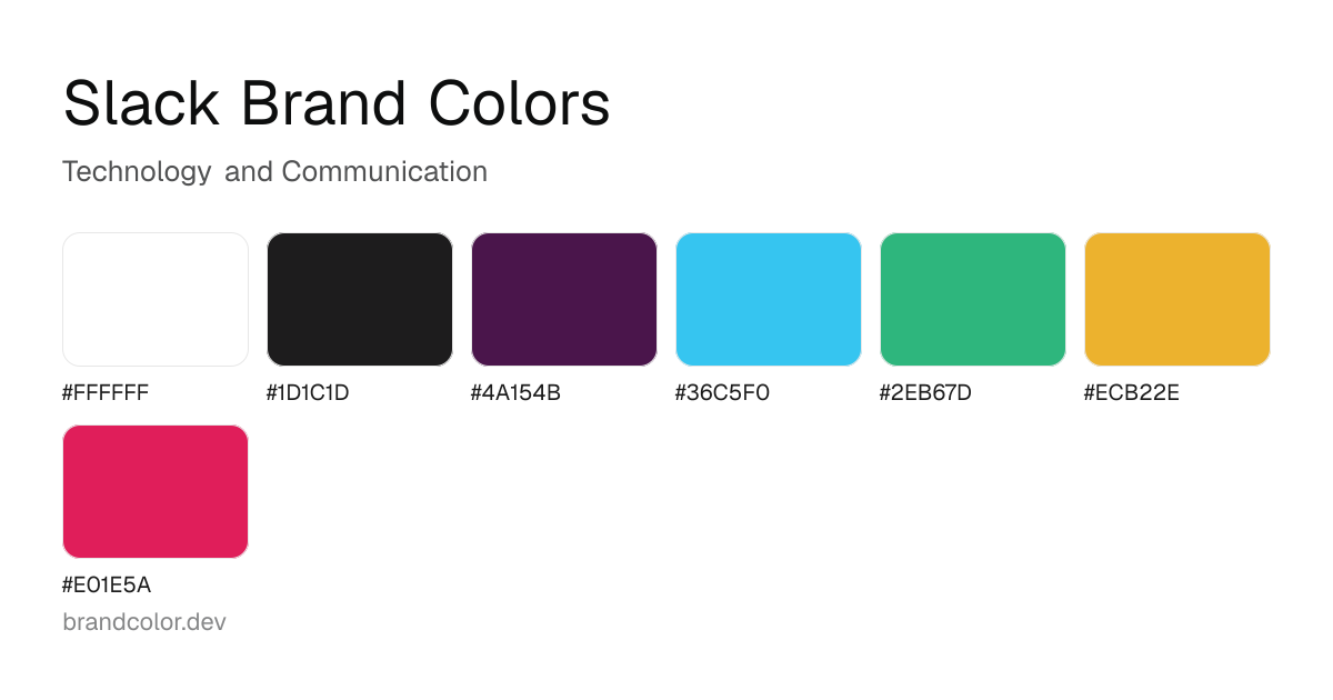 Slack brand color palette with hex codes: #FFFFFF, #1D1C1D, #4A154B, #36C5F0, #2EB67D, #ECB22E, #E01E5A