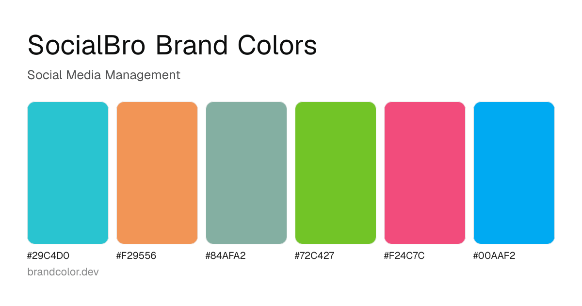 SocialBro brand color palette with hex codes: #29C4D0, #F29556, #84AFA2, #72C427, #F24C7C, #00AAF2