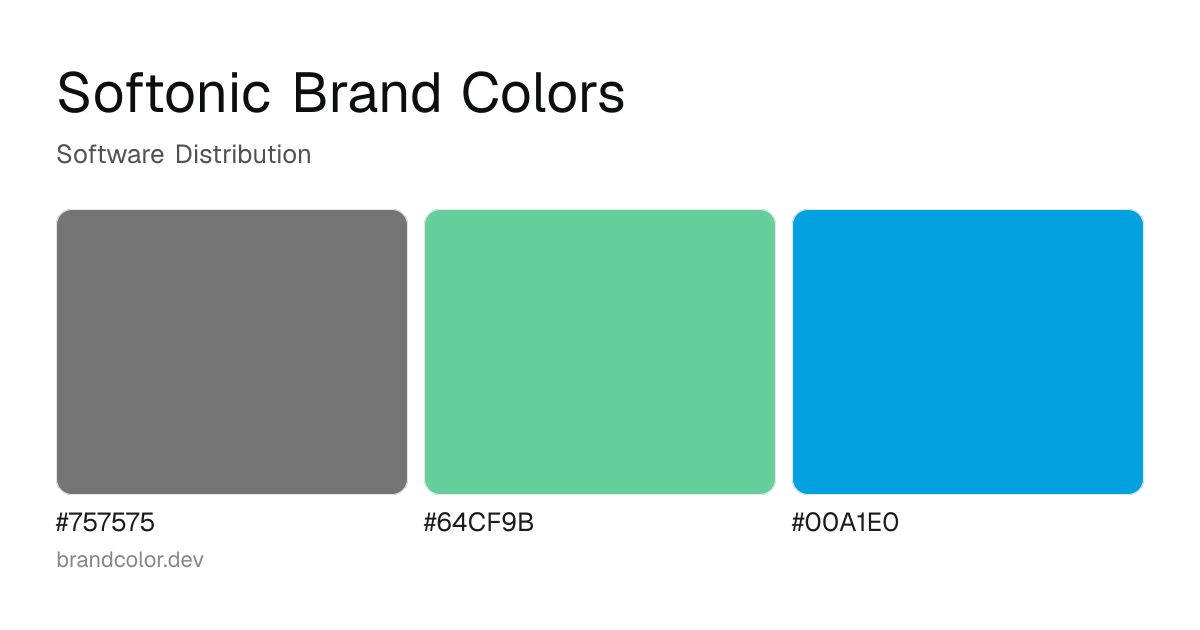 Softonic brand color palette with hex codes: #757575, #64CF9B, #00A1E0