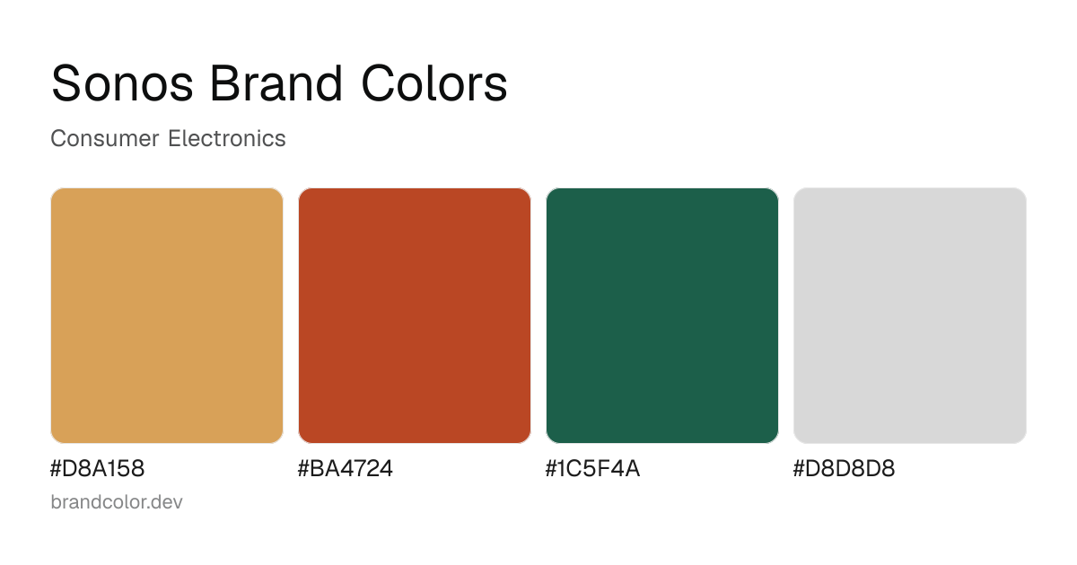 Sonos brand color palette with hex codes: #D8A158, #BA4724, #1C5F4A, #D8D8D8