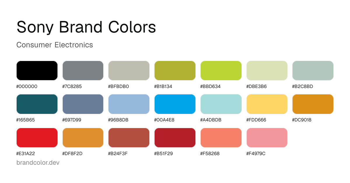 Sony brand color palette with hex codes: #000000, #7C8285, #BFBDB0, #B1B134, #BBD634, #DBE3B6, #B2C8BD, #165B65, #697D99, #96B8DB, #00A4E8, #A4DBDB, #FDD666, #DC9018, #E31A22, #DF8F2D, #B24F3F, #B51F29, #F58268, #F4979C