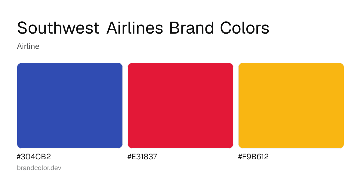 Southwest Airlines brand color palette with hex codes: #304CB2, #E31837, #F9B612