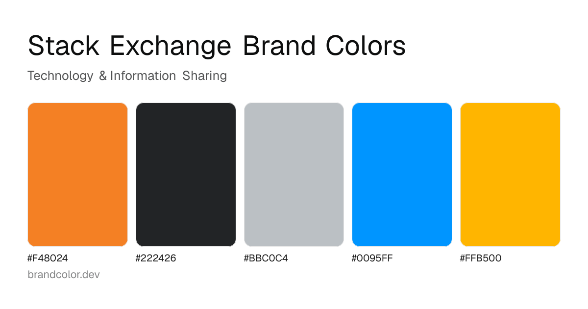 Stack Exchange brand color palette with hex codes: #F48024, #222426, #BBC0C4, #0095FF, #FFB500
