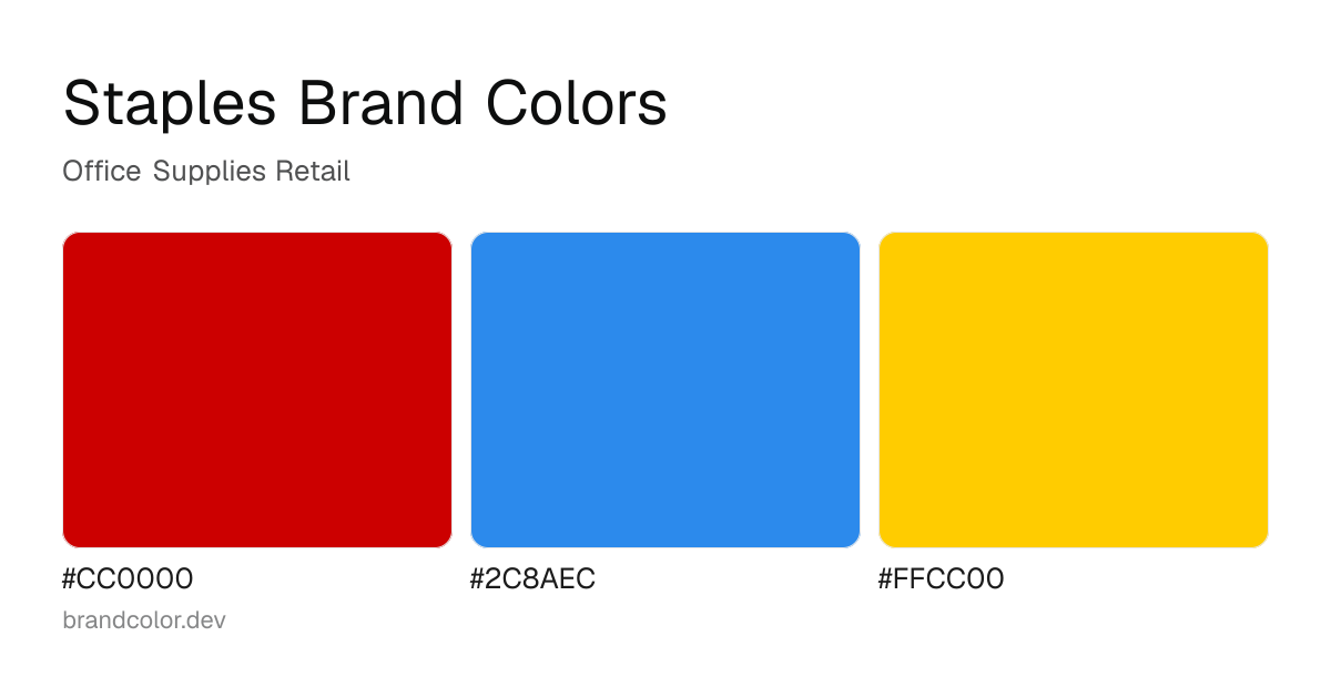 Staples brand color palette with hex codes: #CC0000, #2C8AEC, #FFCC00