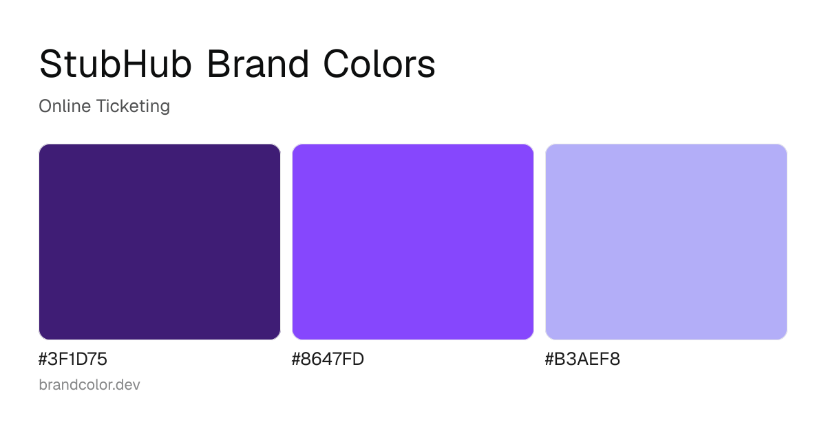 StubHub brand color palette with hex codes: #3F1D75, #8647FD, #B3AEF8